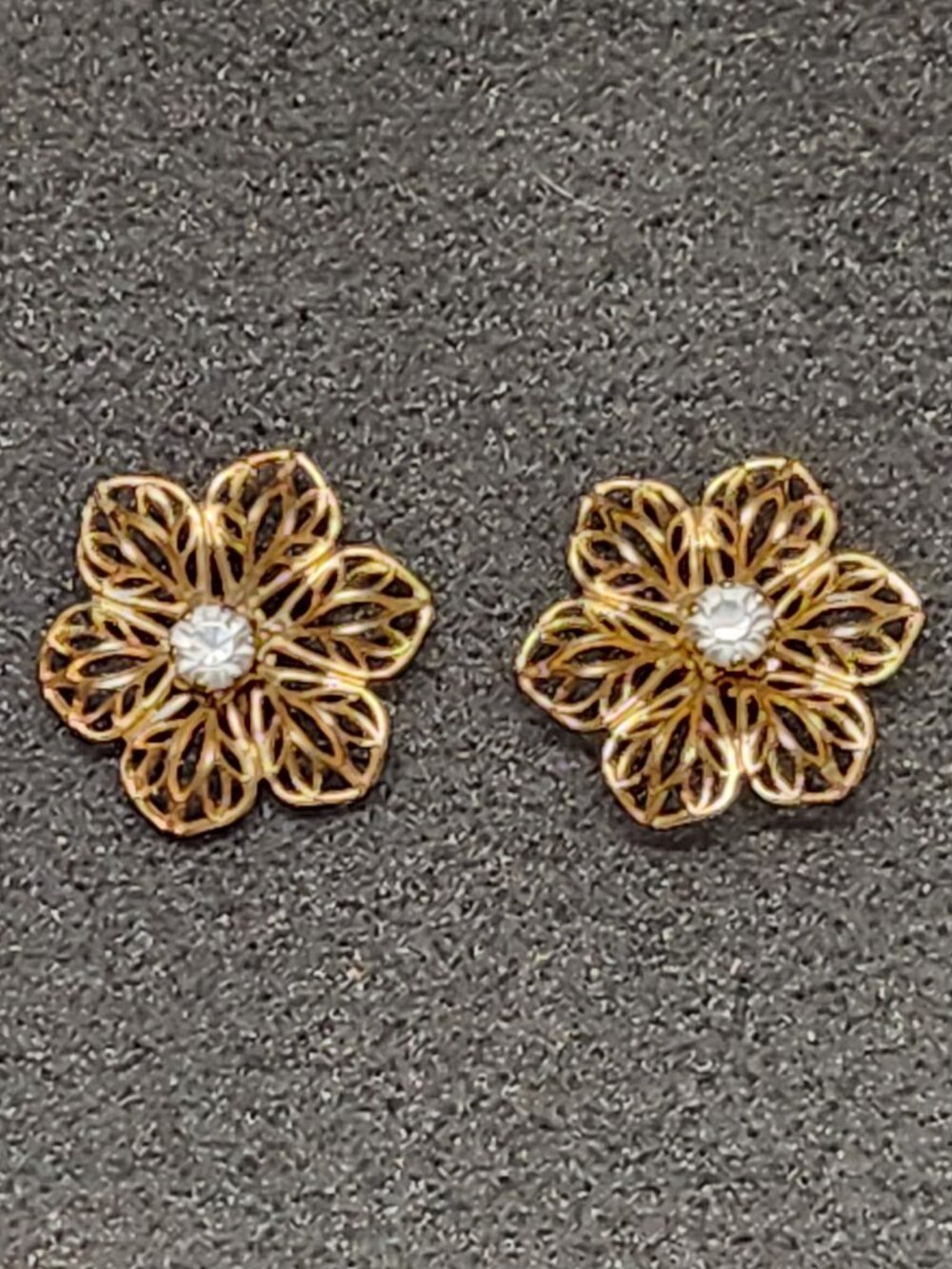 Gold Tone Filigree Flower Rhinestone Stud Earrings